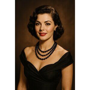 Vintage 1950s Black Beaded Triple Strand Necklace Faceted Acrylic Hong Kong